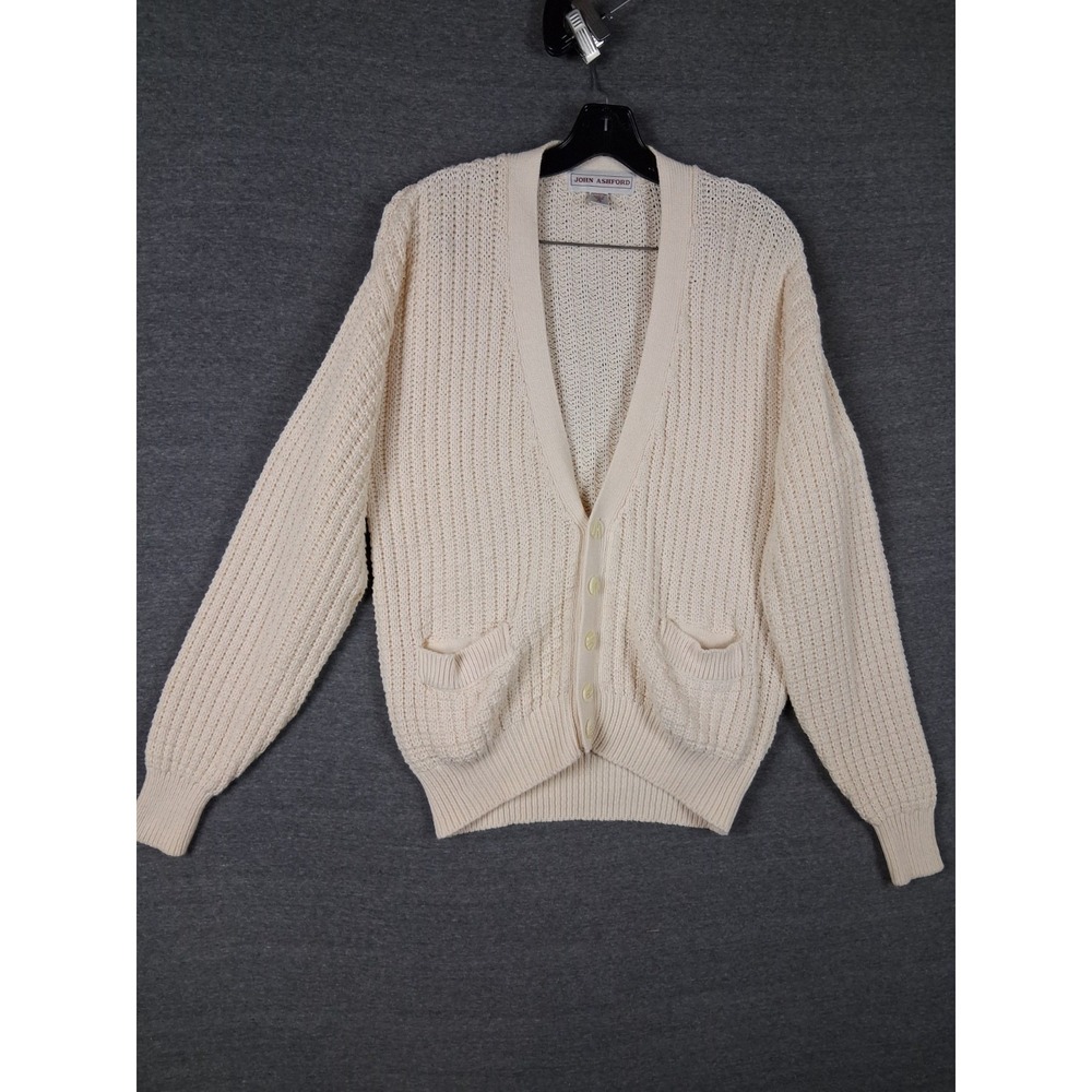 VTG John Ashford Mens Sweater Medium Cream Chunky Knit Cardigan Academia Grandpa